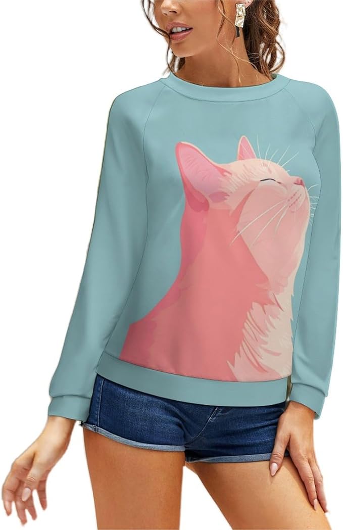 Long Sleeve Shirt Women Fall Cat Print Funny Hide Belly Vacation Plus Size Ladies Hippie Dressy Sweaters