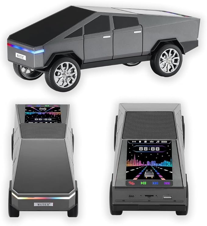 Futuristic Pickup Truck Bluetooth Speaker with LED Display Screen – TWS Stereo, FM Radio, USB/TF Playback, LED Headlights, Built-in Mic, Gift for Truck Fans, Auto Style Lovers&Tech Collectors (Silver)