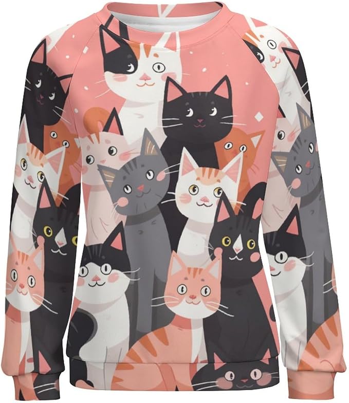 Fall Sweaters for Women 2024 Cat Print Long Sleeve Casual Crewneck Warm Fall Pullover Comfy Fashion Sweatshirts