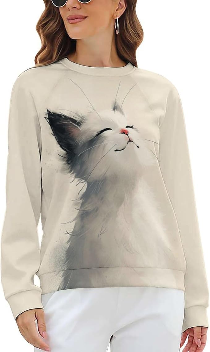 Long Sleeve Shirt Women Fall Cat Print Funny Hide Belly Vacation Plus Size Ladies Hippie Dressy Sweaters
