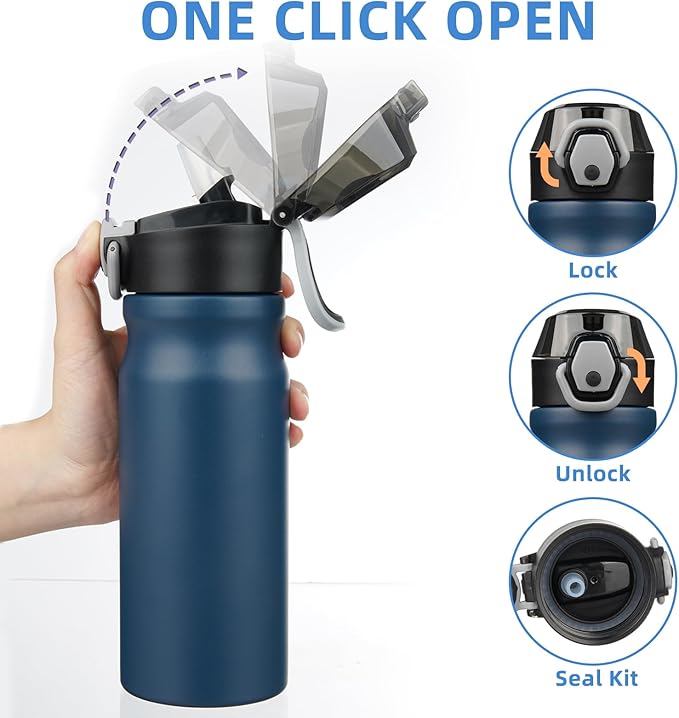 BJPKPK Insulated Water Bottle 18oz Stainless Steel Water Bottles with Straw and Carry Handle Double Wall Metal Thermal Flask,Navy Blue
