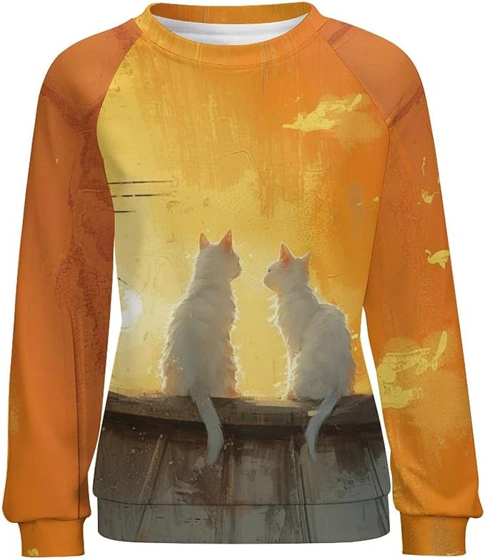 Long Sleeve Shirts for Women Cat Printed Fall Winter Dressy Holiday Casual Fashion Crewneck Tunic Tee Shirts