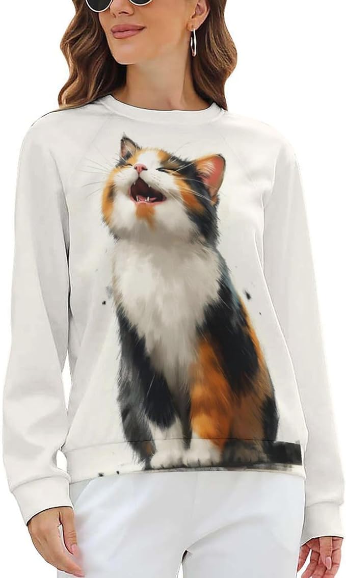 Long Sleeve Shirts for Women Cat Printed Fall Winter Dressy Holiday Casual Fashion Crewneck Tunic Tee Shirts