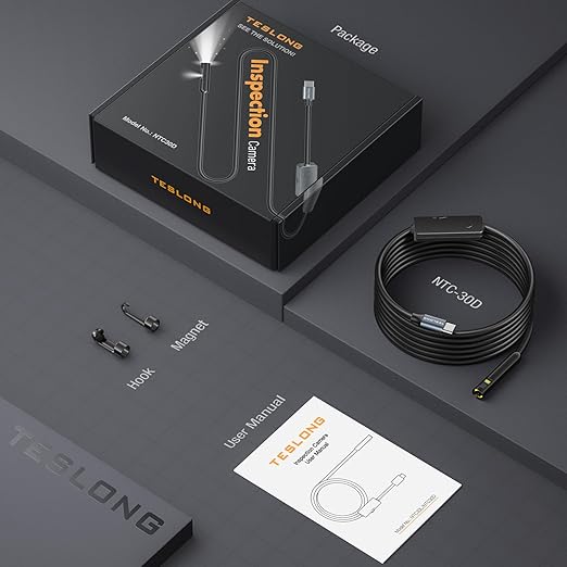 Dual Lens Endoscope with Light, Teslong USB-C Borescope Inspection Camera with 8+1 LED Lights, Flexible Waterproof Fiber Optic Snake Camera Scope Compatible with iPhone 15, Android Phone(10FT)