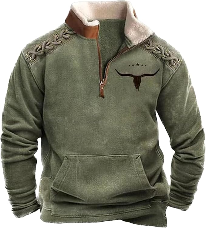 Western Sweatshirts for Men Aztec Retro Pullover Quarter Zip Sweatshirt Mens Stitching Color Fleece Sweatshirt