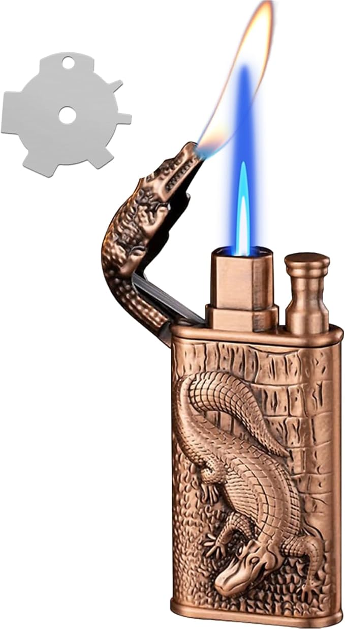 Torch Lighter, Relief Wolf Design Magic Dual Flame Lighter with Adjusting FlameTool, Cool Windproof Jet Lighters, Refillable Butane Lighters for Mens Outdoor Indoor(Without Butane)-Bronze Crocodile