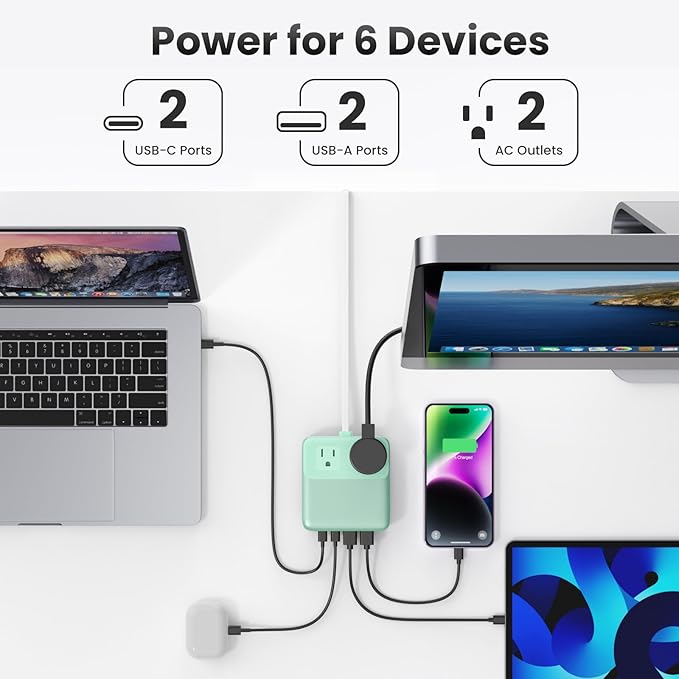 USB C Charger Block,135W GaN IV Fast Charging Station Hub,6-in-1 USB C Power Strip with Flat Plug and 5ft Cord,2 AC,2 USB A,2 USB C,PD 65W Laptop Charger for MacBook Air/Pro,iPhone16/15,Samsung-Green