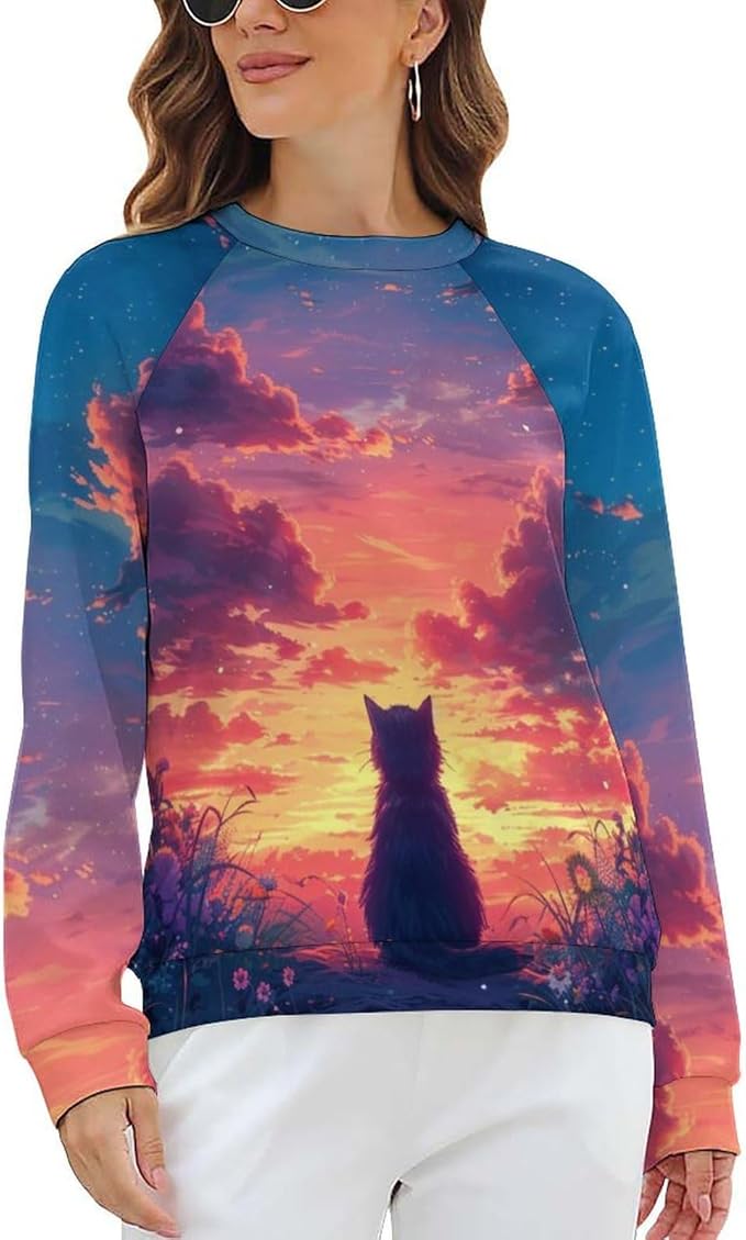 Long Sleeve Shirts for Women Cat Printed Fall Winter Dressy Holiday Casual Fashion Crewneck Tunic Tee Shirts
