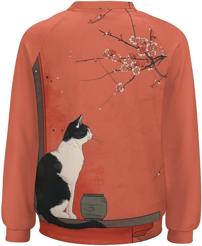 Long Sleeve Shirts for Women Cat Printed Fall Winter Dressy Holiday Casual Fashion Crewneck Tunic Tee Shirts