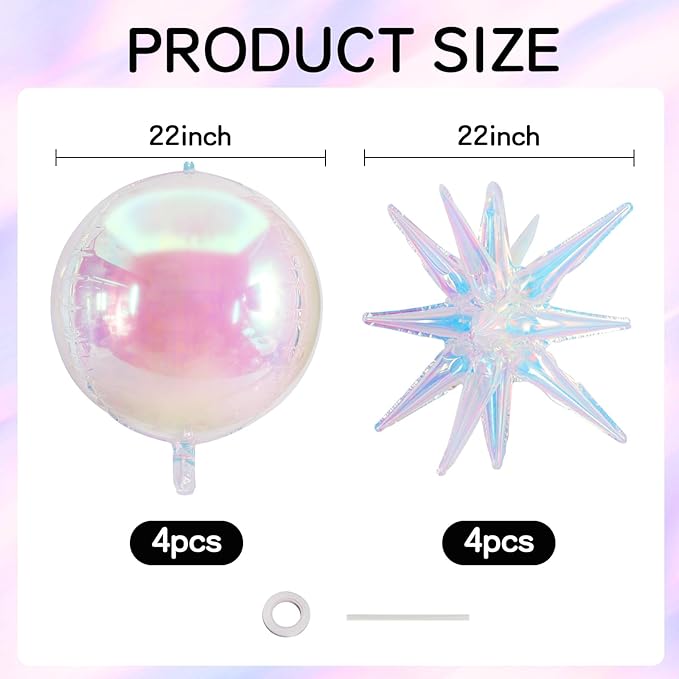 TONIFUL 8Pcs 22Inch Iridescent Large 4D Giant Round and Star Balloons Explosion Star Mylar Balloons Set for Backdrop Christmas New Year Birthday Wedding Bridal Shower Anniversary Photo Booth Supplies