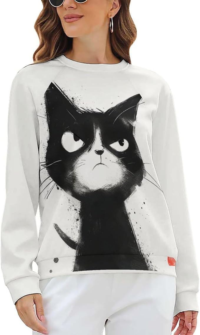 Long Sleeve Shirts for Women Cat Printed Fall Winter Dressy Holiday Casual Fashion Crewneck Tunic Tee Shirts