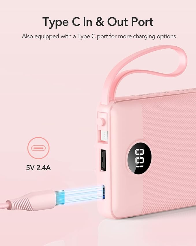 VRURC Portable Charger Power Bank, 10000mAh Travel Essentials Battery Pack, 5 Outputs 2 Inputs Slim Charging Bank Built-in Cables Cords Wires Compatible with iPhone,Samsung,Android-Pink(1 Pack)