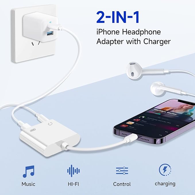 [Apple MFi Certified] 2-in-1 Charging & Audio Adapter for iPhone, Lightning to 3.5mm Headphone Jack Dongle Splitter, Supports Hi-Res Lossless Sound, Compatible with iPhone 14/13/12/11/XS/XR/8/7 2Pack