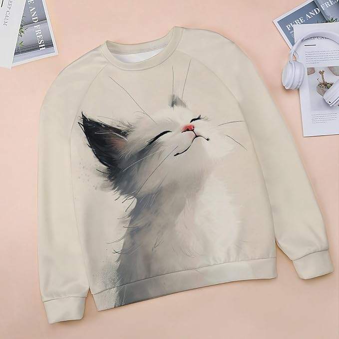 Long Sleeve Shirt Women Fall Cat Print Funny Hide Belly Vacation Plus Size Ladies Hippie Dressy Sweaters