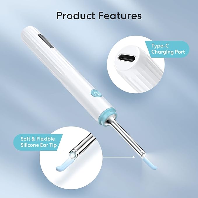 Ear Wax Removal Tool, Earwax Removal Kit with 7 Pcs Ear Set, Ear Cleaner with Camera, Ear Camera with Light, Ear Cleaner Camera with 8 Ear Spoon, Ear Cleaner for iOS & Android - White