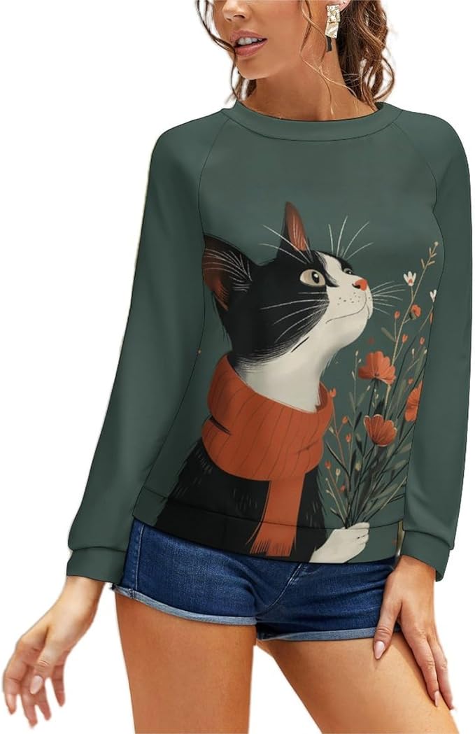 Long Sleeve Shirts for Women Cat Printed Fall Winter Dressy Holiday Casual Fashion Crewneck Tunic Tee Shirts