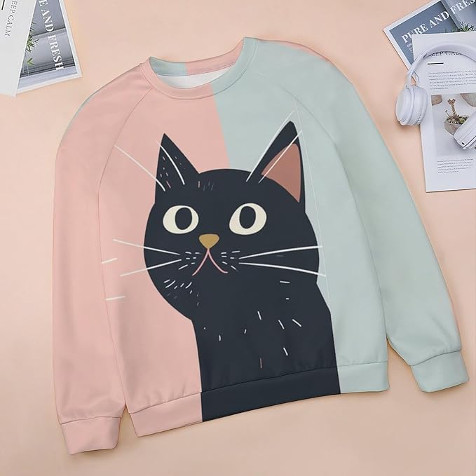 Long Sleeve Shirt Women Fall Cat Print Funny Hide Belly Vacation Plus Size Ladies Hippie Dressy Sweaters