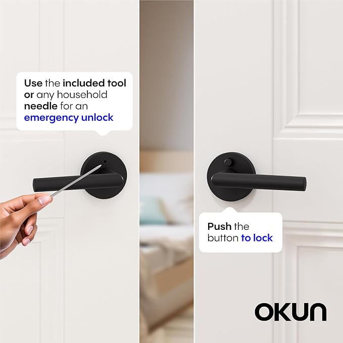 Okun Stark 6-Pack Matte Black Privacy Door Levers – Push Button Lock, Reversible, Sleek Concealed-Mount Design for Bedroom & Bathroom