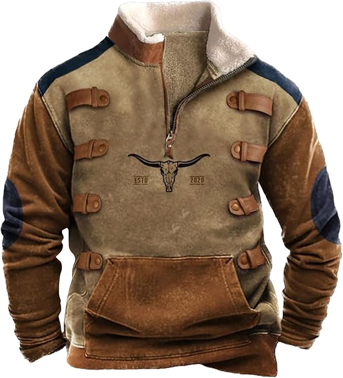 Western Sweatshirts for Men Aztec Retro Pullover Quarter Zip Sweatshirt Mens Stitching Color Fleece Sweatshirt