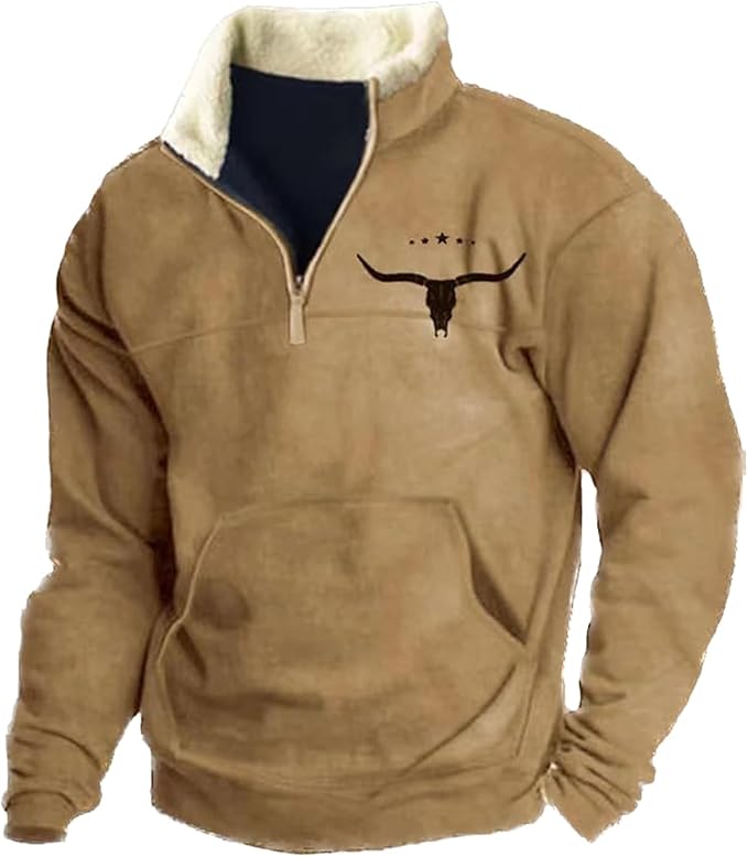 Western Sweatshirts for Men Aztec Retro Pullover Quarter Zip Sweatshirt Mens Stitching Color Fleece Sweatshirt