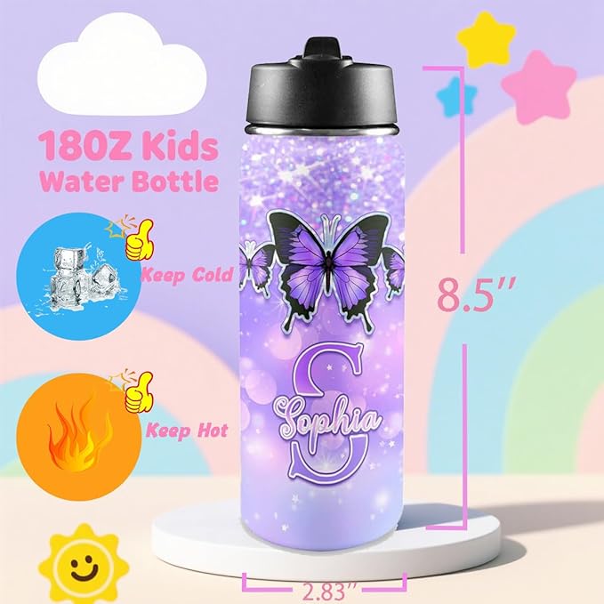 VIPOPSA Custom 18oz Water Bottle with Straw Lid Stainless Steel, Personalized Kids Water Bottle For Girls Boys Woman School Gifts