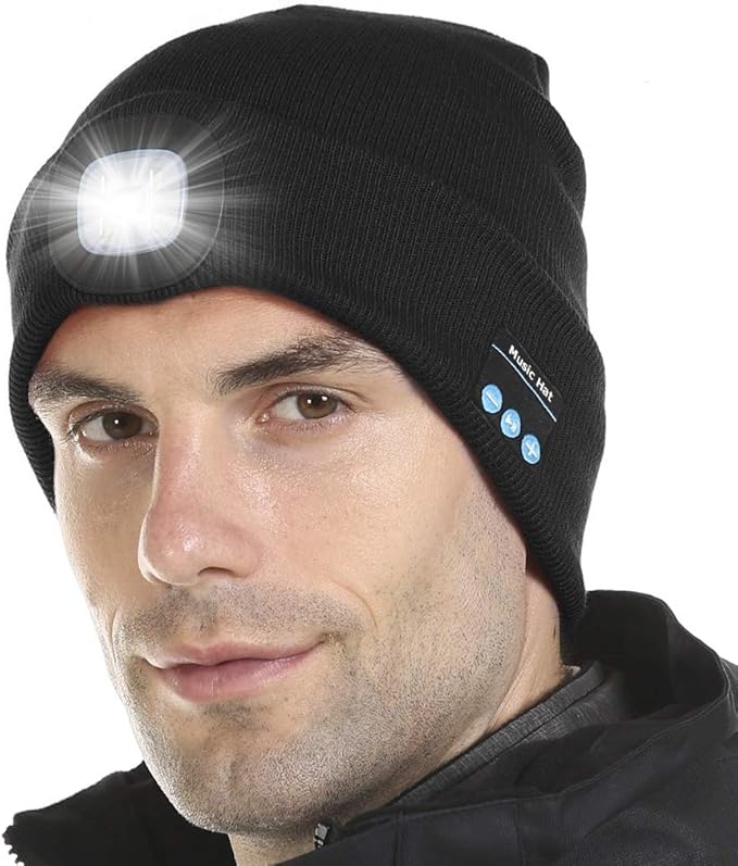 Bluetooth Beanie Hat with Light, Unisex LED Cap with Headphones Built-in Stereo Speakers & Mic, Tech Gift for Men Women Dad, Black