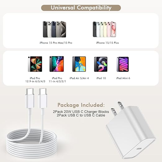 iPhone 16 15 Fast Charger,Type C Charging USB C Charger 20w Power Adapter Fast Charging Block Charge with 2Pack 3FT C Cable for iPhone 16/16 Plus/16e/15/15 Plus/15 Pro/15 Pro Max/iPad Pro 12.9/iPad 11