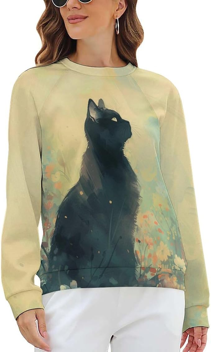 Long Sleeve Shirts for Women Cat Printed Fall Winter Dressy Holiday Casual Fashion Crewneck Tunic Tee Shirts