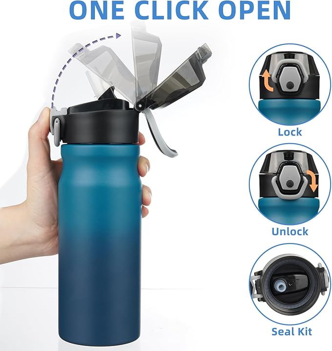BJPKPK 18oz Insulated Water Bottle with Straw Stainless Steel Double Wall Water Bottles BPA Free Leak Proof Thermal Flask with Lockable Flip Lid and Soft Silicone Spout,Indigo Black