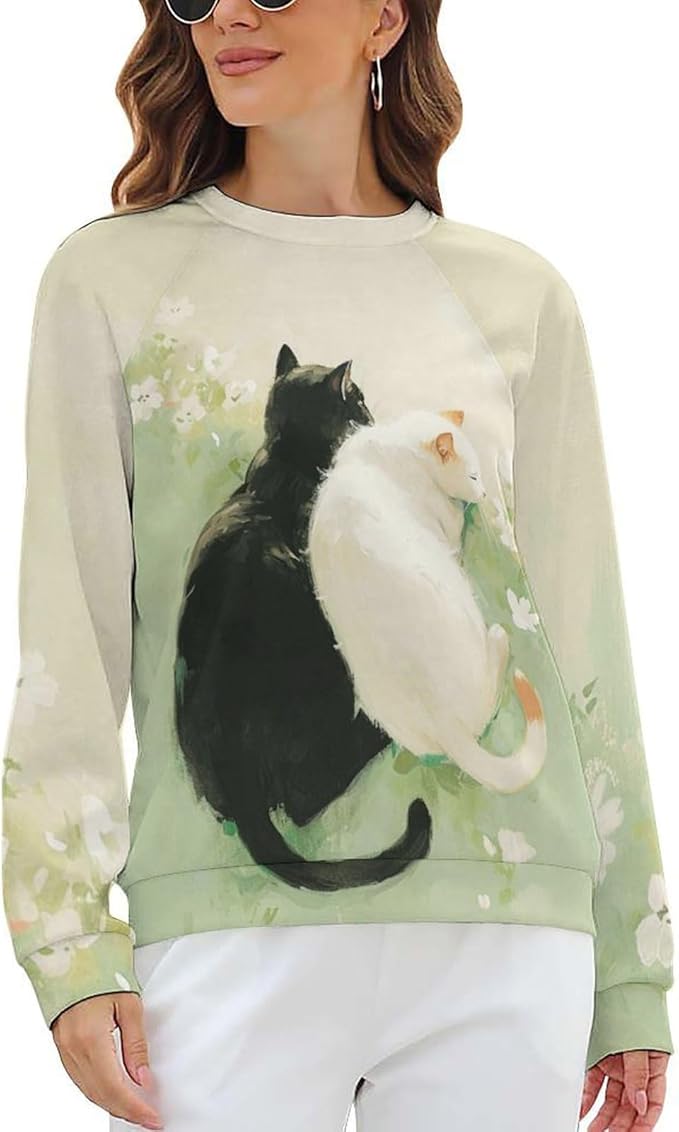 Long Sleeve Shirts for Women Cat Printed Fall Winter Dressy Holiday Casual Fashion Crewneck Tunic Tee Shirts