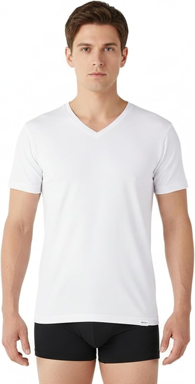Men’s Anti-Odor Undershirt, Japanese Ceramic-Ion Tech, Source-Targeting Deodorizing, V-Neck Cotton, White, DEOEST