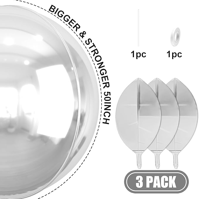 50 Inch Giant Silver Round Foil Balloons, 3Pcs Metallic Silver 4D Ball Balloons for Birthday New Year Eve Wedding Engagement Graduation Anniversary Party Decorations 2026