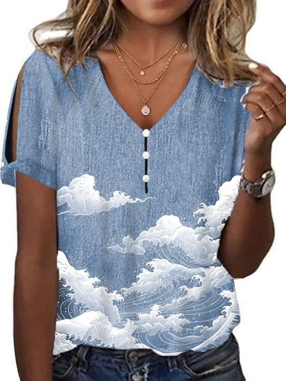 Women's Boho Butterfly Floral Print Cold Shoulder Flowy Tops Summer Dressy Casual V Neck Ladies Blouses Tunic Tops