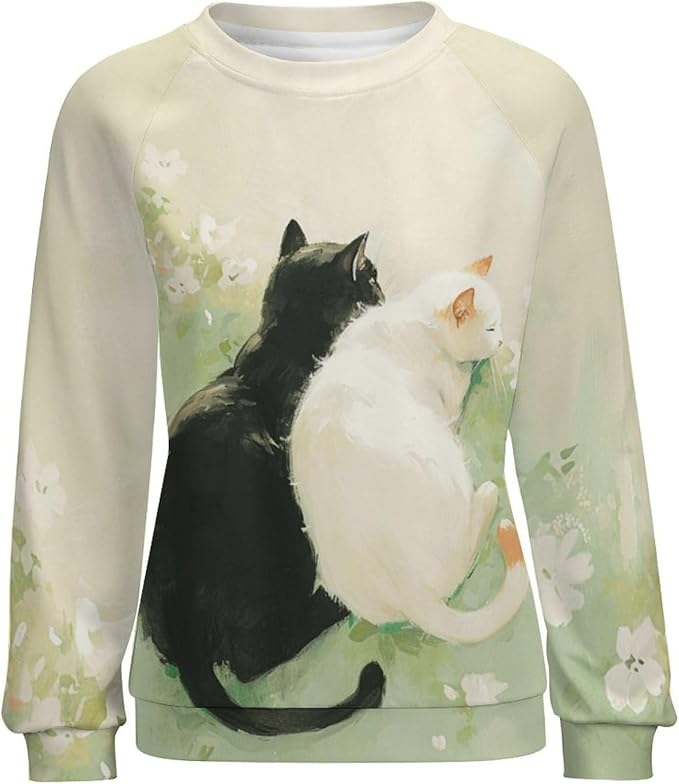 Long Sleeve Shirts for Women Cat Printed Fall Winter Dressy Holiday Casual Fashion Crewneck Tunic Tee Shirts