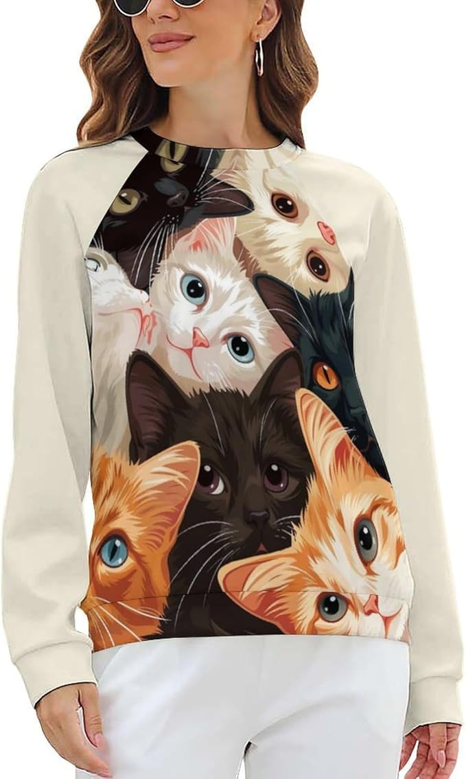 Long Sleeve Shirt Women Fall Cat Print Funny Hide Belly Vacation Plus Size Ladies Hippie Dressy Sweaters