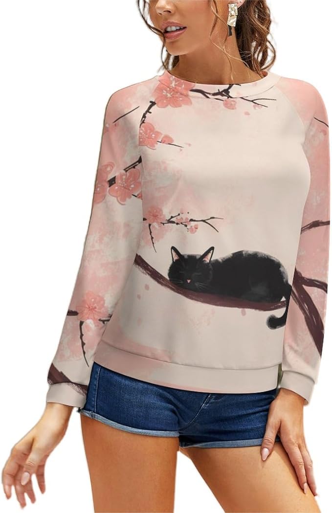 Long Sleeve Shirts for Women Cat Printed Fall Winter Dressy Holiday Casual Fashion Crewneck Tunic Tee Shirts