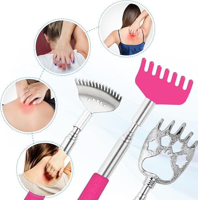 3 Pack Different Back Scratcher Metal Portable Telescoping Back scratchers with Rubber Handles, Extendable Back Massager Tool, Great Stocking Stuffers for Men Women Kids Adults（Pink）