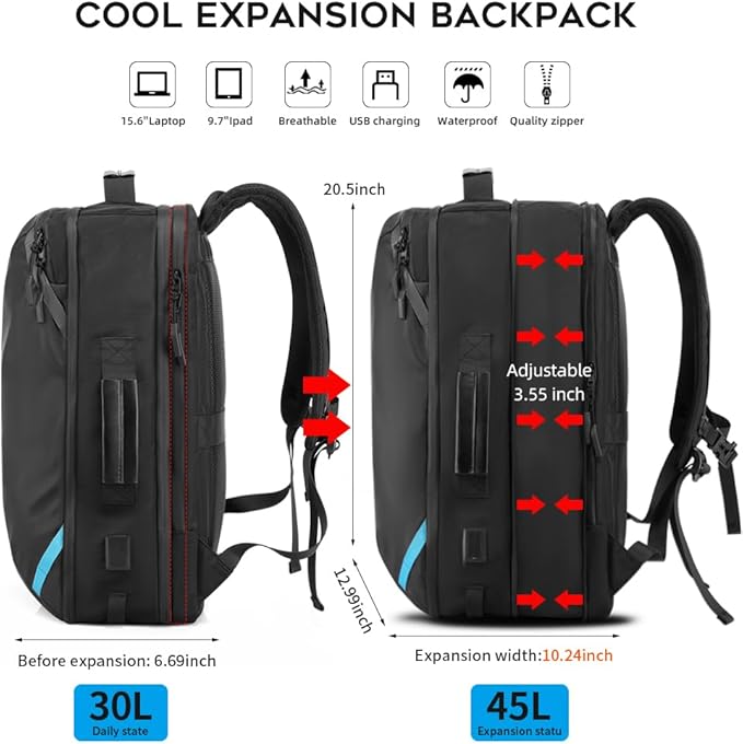 Vacuum Compression Backpack with Pump, Extra Large Capacity 45L Expandable Travel Backpack, Water Resistant 17.3" Laptop Backpack with USB Charging Port for Men & Women