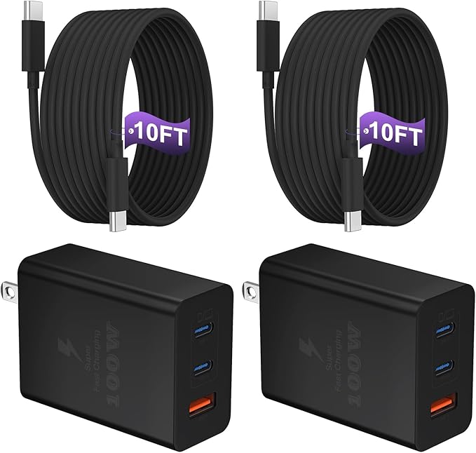 USB C Charger Block 100W, 3-Port GaN Super Fast Charger, Type C Wall Charger Adapter with 10ft USB C Charging Cable for MacBook Pro/Air,iPad Pro, iPhone 16/15Pro, Galaxy S24/S23 and More[2 Pack]-Black