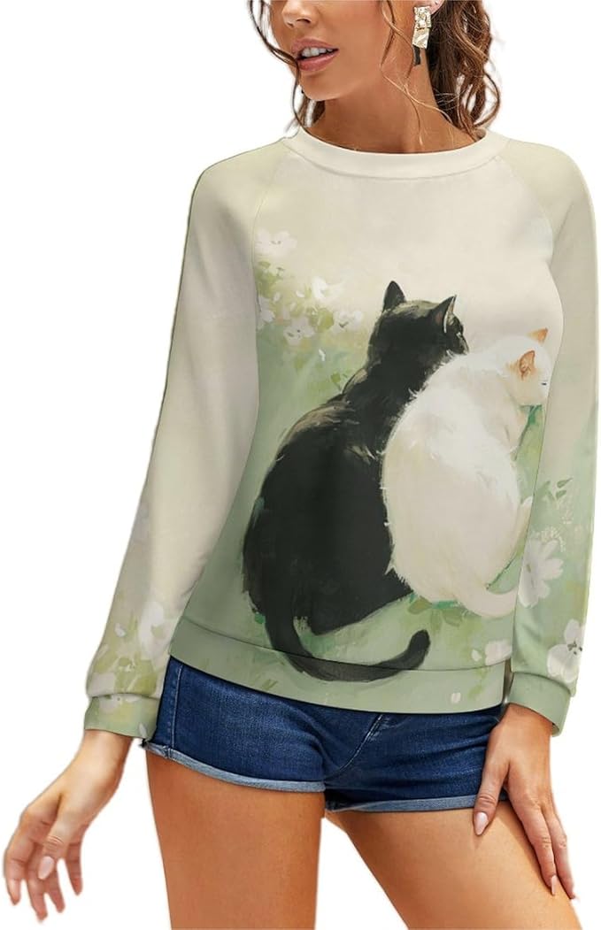 Long Sleeve Shirts for Women Cat Printed Fall Winter Dressy Holiday Casual Fashion Crewneck Tunic Tee Shirts