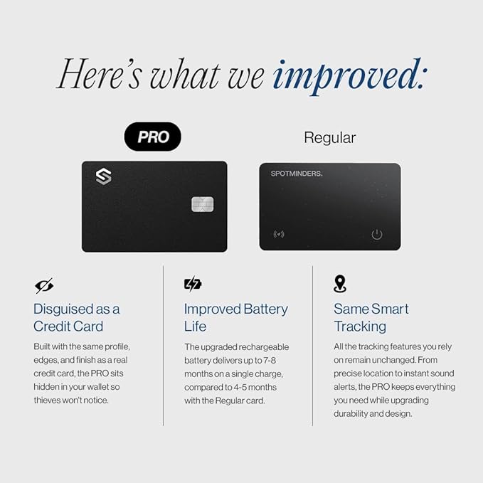 SPOTMINDERS Mens Valentines Day Gifts for Him Apple MFi Certified Credit Card Wallet Tracker PRO (iOS Only) 0.07in Works with Apple Find My Rechargeable Tracking Card IP68 Slim Passport Item Finder