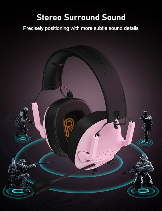 SENZER SG500 Surround Sound Pro Gaming Headset with Noise Cancelling Microphone - Soft Memory Foam Padding - Portable Foldable Headphones for PC, PS4, PS5, Xbox One, Switch - Pink