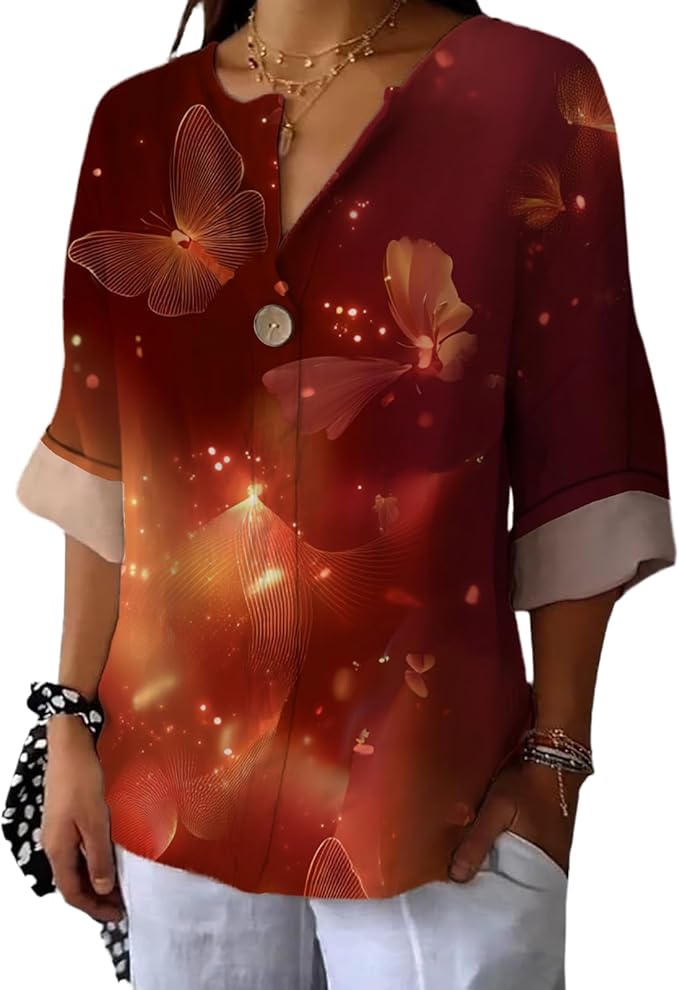 Fashion Shirts for Women Loose Fit Button Down V Neck Blouse 3/4 Sleeves Casual Tunic Tops Summer Outfits