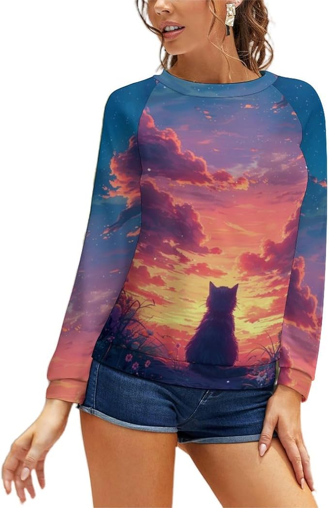 Long Sleeve Shirts for Women Cat Printed Fall Winter Dressy Holiday Casual Fashion Crewneck Tunic Tee Shirts