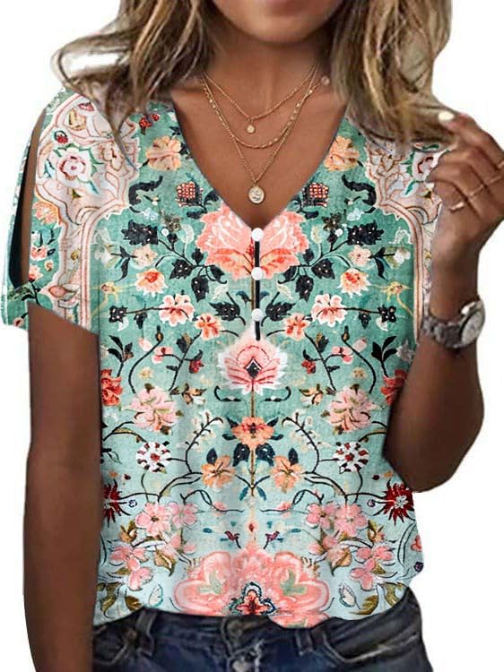 Women's Boho Butterfly Floral Print Cold Shoulder Flowy Tops Summer Dressy Casual V Neck Ladies Blouses Tunic Tops
