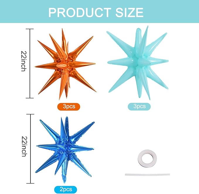 TONIFUL 8 Pcs Blue Orange Foil Balloons Large Star Balloons Explosion Star Mylar Balloons for Party Backdrop Christmas New Year Birthday Wedding Baby Shower Anniversary Photo Booth Supplies