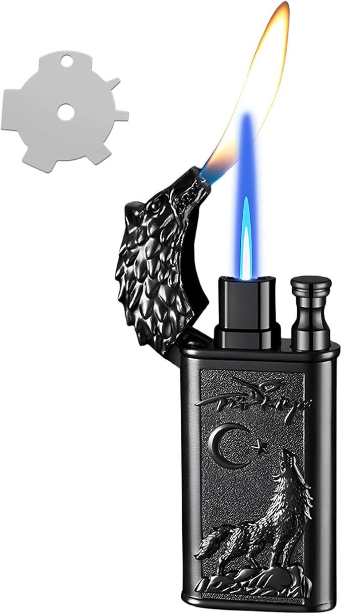 Torch Lighter, Relief Wolf Design Magic Dual Flame Lighter with Adjusting FlameTool, Cool Windproof Jet Lighters, Refillable Butane Lighters for Mens Outdoor Indoor(Without Butane)-Black Wolf