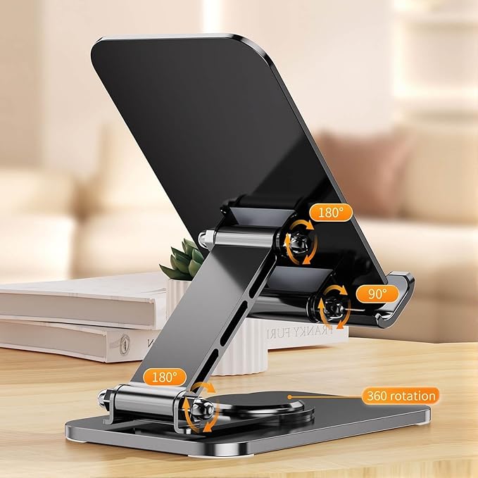 4 Joints 360° Rotating Cell Phone Stand for Desk, Adjustable Folding Phone Stand with Soft Non-Slip Silicone Pads, Stable Scratch-Free Support for iPhone & Android, Black