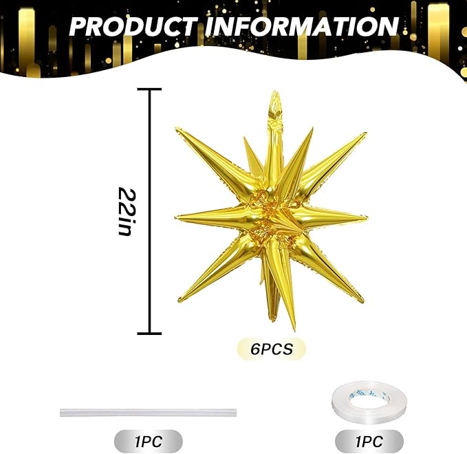 6PCS Gold Star Balloons, 22Inch Large Gold Star Balloon Foil Balloons Party Balloon for Birthday Graduation Wedding Anniversary NewYear Party Decorations