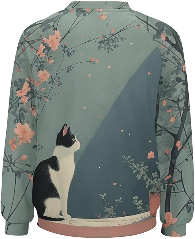 Long Sleeve Shirts for Women Cat Printed Fall Winter Dressy Holiday Casual Fashion Crewneck Tunic Tee Shirts